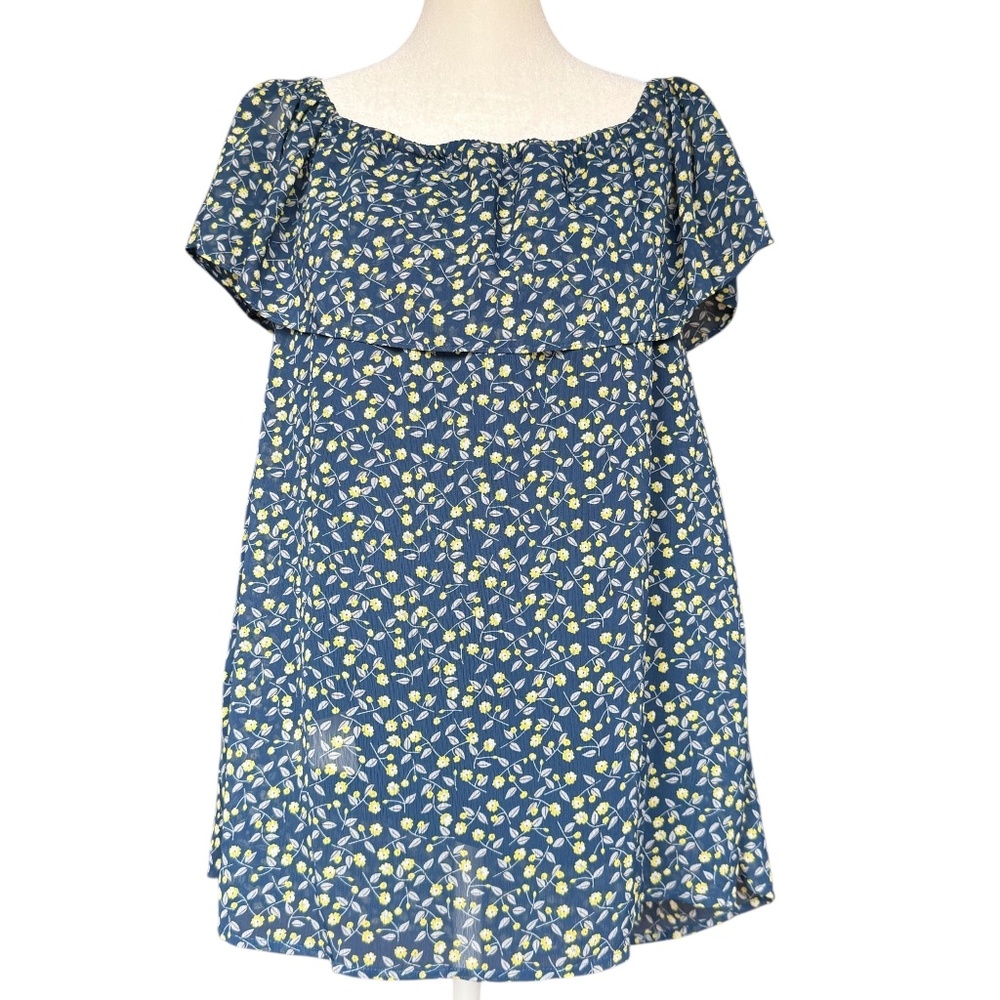 ICHI Short Sleeve Blue with Yellow Floral‎ Design Blouse Sz XL